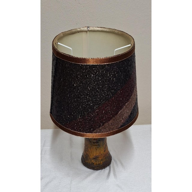 Vintage Yellow-Brown Ceramic Table Lamp with Handmade Fabric Shade, 1970s For Sale - Image 4 of 8