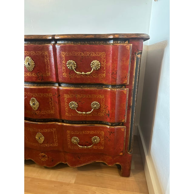 Theodore Alexander Red Leather-Wrapped Serpentine Three-Drawer Chest With Gilt Decoration For Sale - Image 10 of 16
