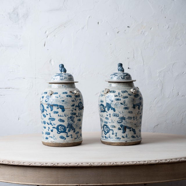 Pair of Chinese Blue and White Glazed Jars With Foo Dog Lid Finials For Sale - Image 4 of 14