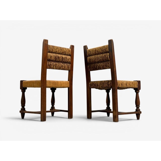 Charles Doudouyt, Six Rustic Dining Chairs, Oak, Rush, France, 1940s For Sale - Image 10 of 16