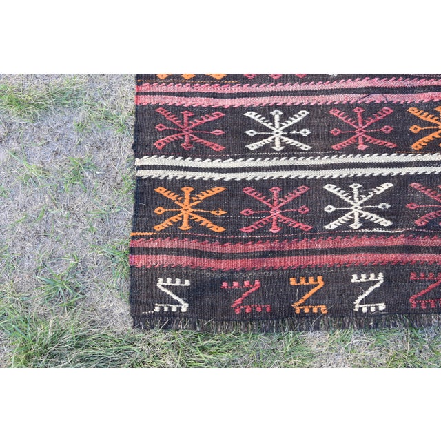 Textile 1960s Traditional Black Primitive Handmade Wool Turkish Kilim Rug For Sale - Image 7 of 13