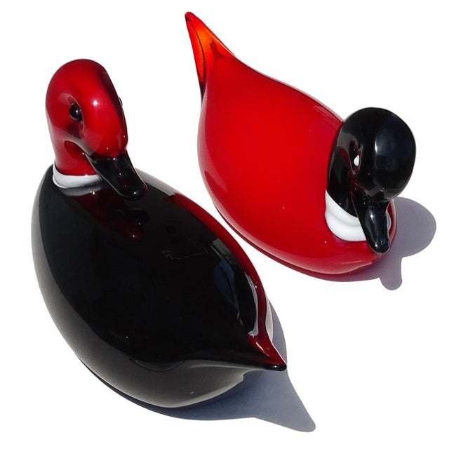 Murano Vintage Red Black White Italian Art Glass Male Female Decoy Duck Bird Sculptures - A Pair For Sale In Orlando - Image 6 of 9