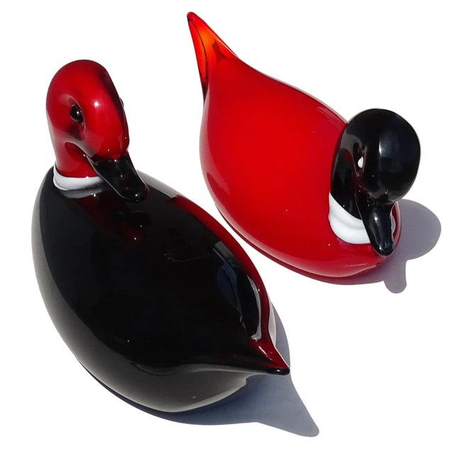Vintage Murano Red Black White Italian Art Glass Male Female Decoy Duck Bird Sculptures - A Pair For Sale In Orlando - Image 6 of 9