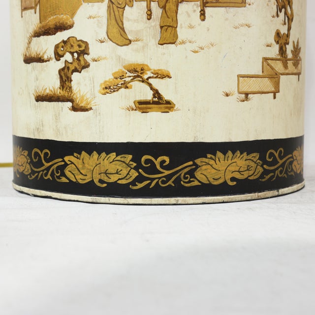 Metal A Pair English Export Hexagonal Tea Caddy Hand-Painted Chinoiserie Landscape Table Lamp For Sale - Image 7 of 11