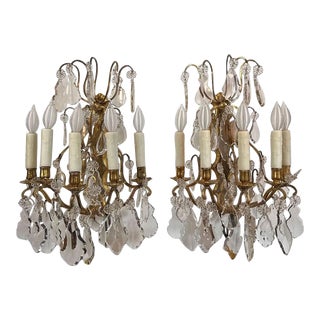 Pair French Louis XV Style Gilt Bronze and Crystal Five-Light Wall Sconces For Sale