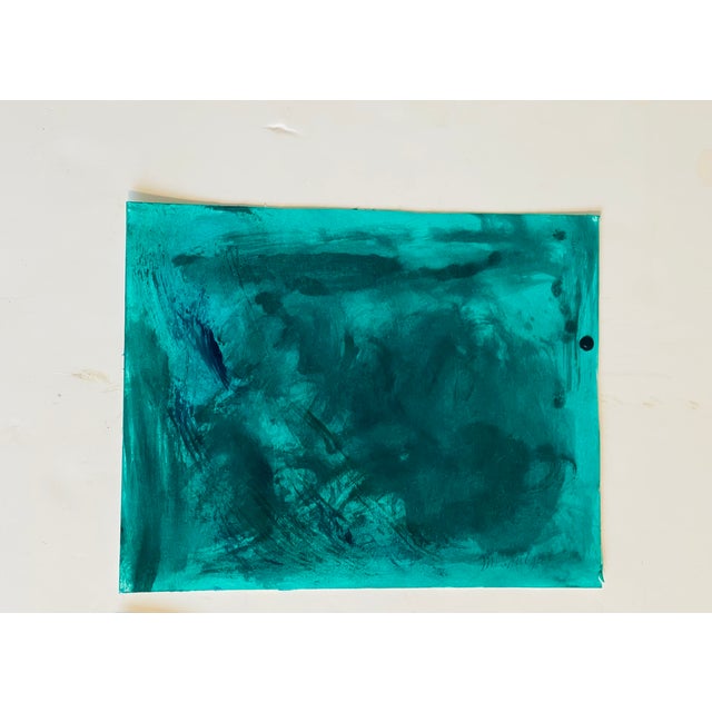 Abstract 1970s Moody Abstract Dyptich in Phtalo Green on Paper Signed For Sale - Image 3 of 6