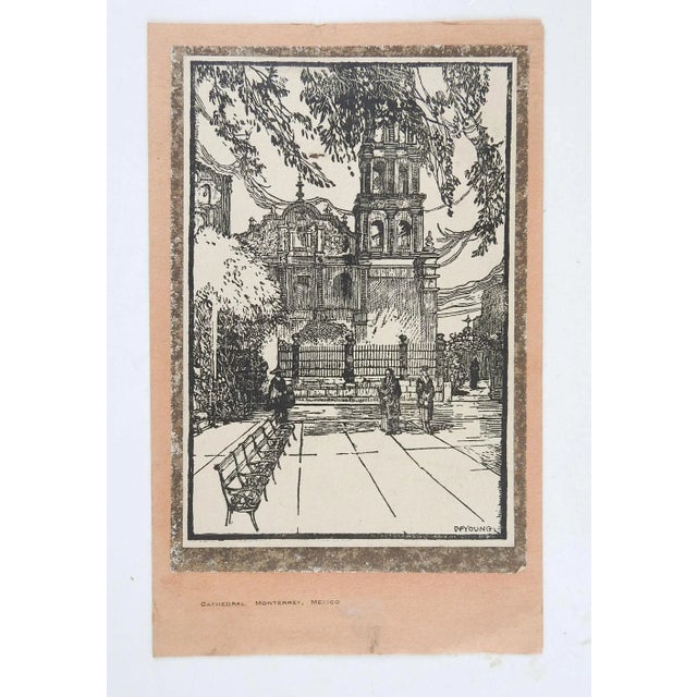 Mexican Vintage Harry Anthony DeYoung Cathedral Monterrey Mexico Block Print For Sale - Image 3 of 4