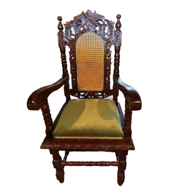 Late 19th Century Pair of Antique Carved Mahogany Cane-Back Armchairs, C. 1890–1910 For Sale - Image 5 of 10