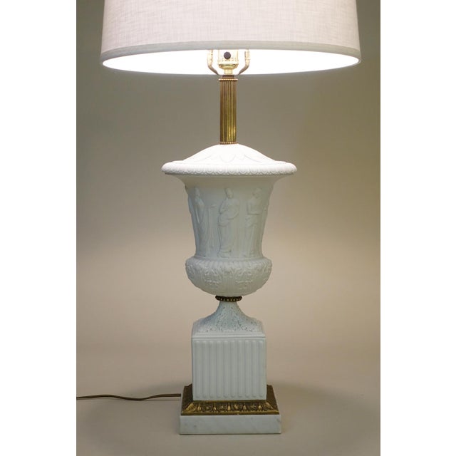Hollywood Regency Xlarge Paul Hanson Neoclassical Modern Hollywood Regency Bisque Ceramic Marble Brass Table Lamp 1960's Italy For Sale - Image 3 of 13