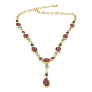 Bochic "Capri" Vintage Ruby, Sapphire & Emerald Necklace - 18K Gold & Silver For Sale
