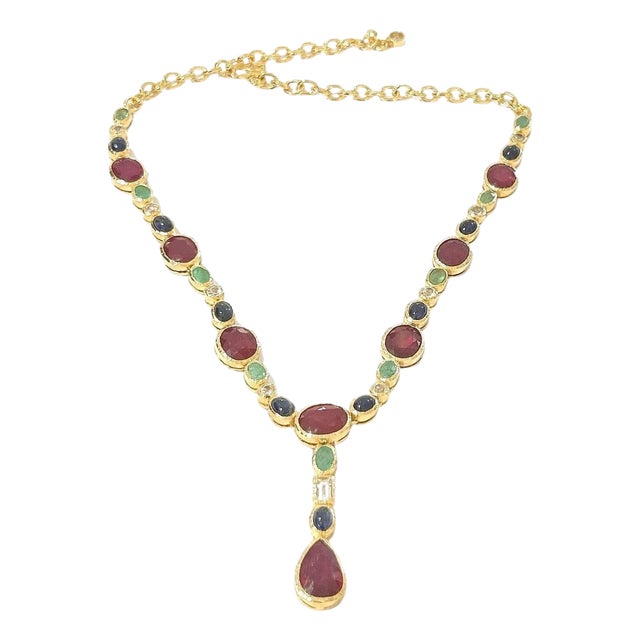 Bochic "Capri" Vintage Ruby, Sapphire & Emerald Necklace - 18K Gold & Silver For Sale