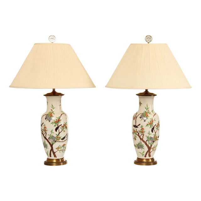 Japanese Pair of Hand Painted Porcelain Table Lamps For Sale