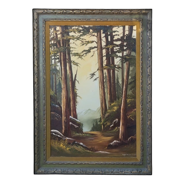 Signed Gerry Downs Oil Painting Feat Redwood Forest Landscape in Carved Wood Frame For Sale - Image 12 of 12