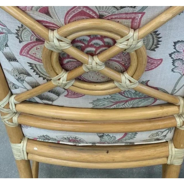 Wood 8 McGuire Target Back Dining Chairs. Upholstered in Palm Beach Designer Performance Fabric With Soft Pink and Green Accents. (10 Available.) For Sale - Image 7 of 8