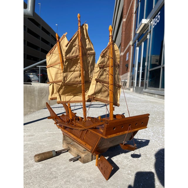 Chocolate Scale Model of Chinese Junk Ship in Solid Teak Handcrafted in Hong Kong For Sale - Image 8 of 13