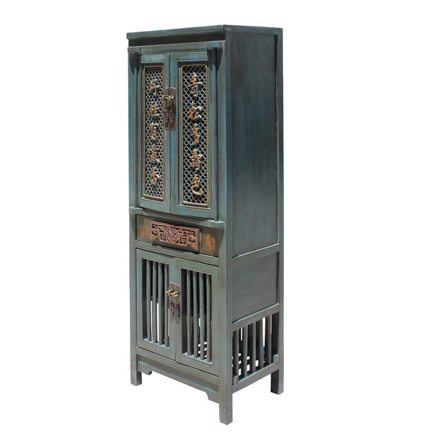 Chinese Distressed Teal Gray Blue Narrow Wood Carving Storage Cabinet Chairish