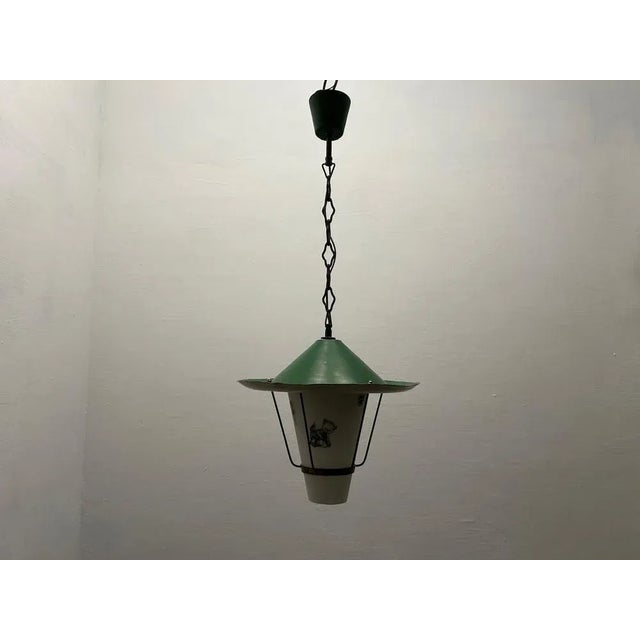 Vintage stilnovo light pendant metal frame opaline glass presents children cartoon figurines height including chain and...