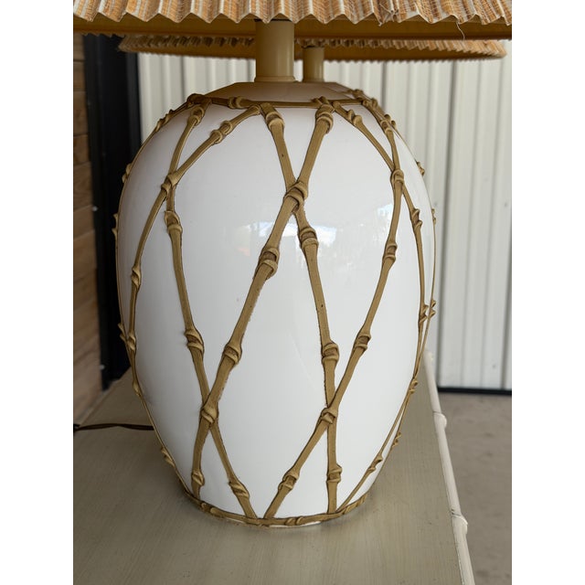 Ceramic Vintage Hollywood Regency Boho Faux Bamboo “Icing” Ceramic Table Lamps With Raffia Shades - A Pair For Sale - Image 7 of 12