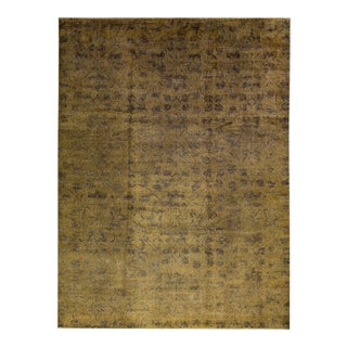 Vintage Spanish Handmade Floral Pattern Wool Rug With a Green Gold Color For Sale