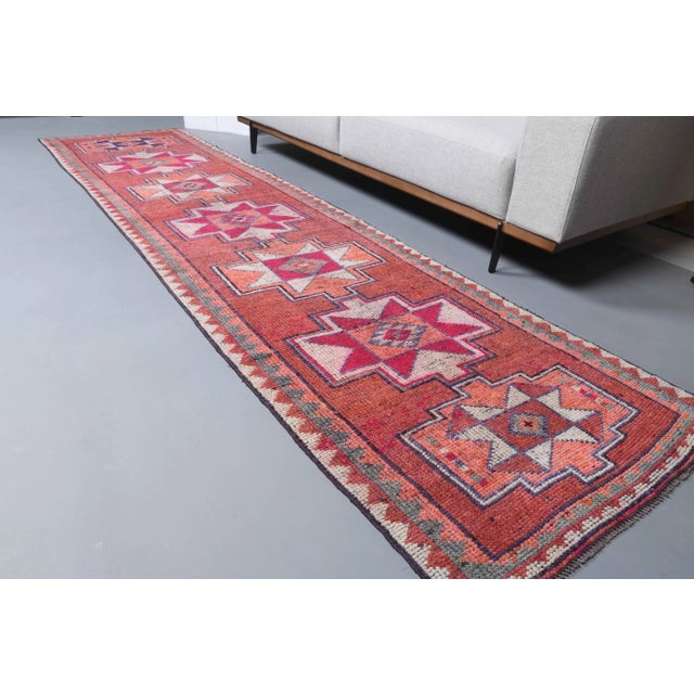 Traditional Vintage Turkish Oushak Handmade Wool Cotton Red Runner For Sale - Image 3 of 11