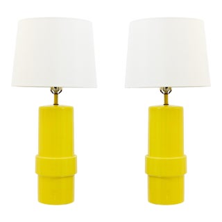 Pair of 1970s Glossy Yellow Cylindrical Ceramic Table Lamps For Sale