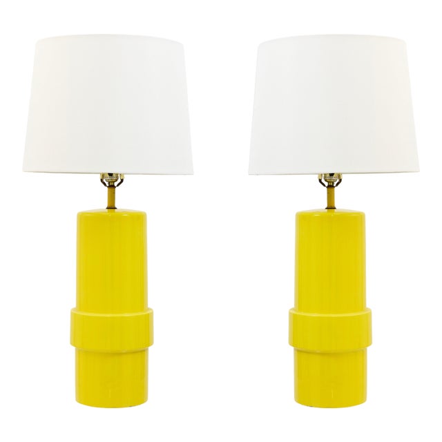Pair of 1970s Glossy Yellow Cylindrical Ceramic Table Lamps For Sale