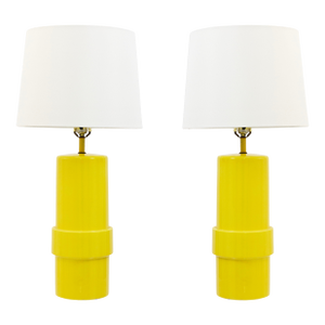 Pair of 1970s Glossy Yellow Cylindrical Ceramic Table Lamps