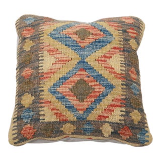 Arteverk Handwoven Afghan Kilim Pillow — Blue & Cream Diamond Medallion For Sale