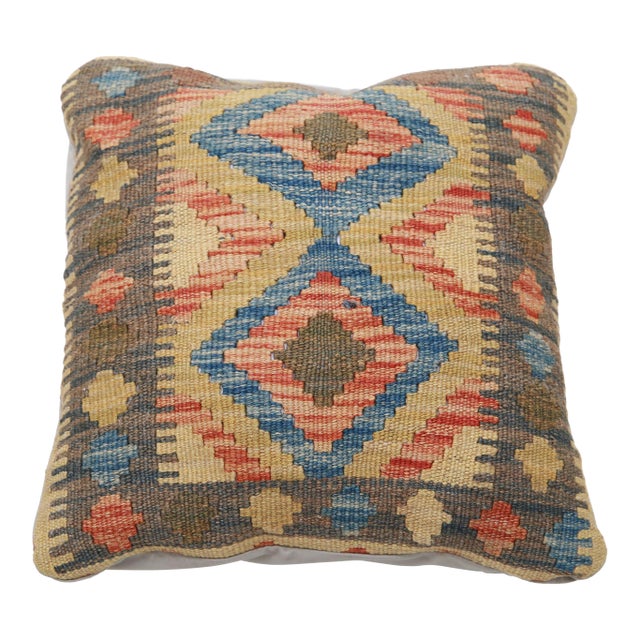 Arteverk Handwoven Afghan Kilim Pillow — Blue & Cream Diamond Medallion For Sale