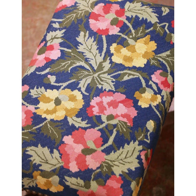 19th Century French Louis XIII Walnut Stool With Floral Needlepoint Upholstery For Sale - Image 4 of 12