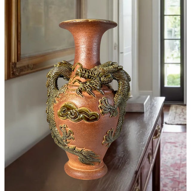11+ In. Tall Vintage Japanese Tokoname-Yaki Style Pottery Vase Dark Green Glaze Dragon For Sale - Image 13 of 16