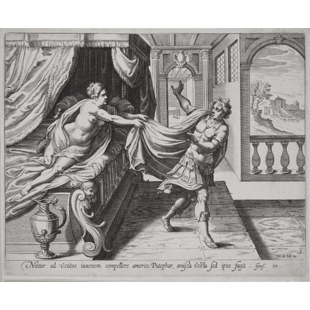 Exceptional early engraving signed “Petr. de Iode”, depicting Potiphar’s wife attempting to seduce Joseph, grasping his...