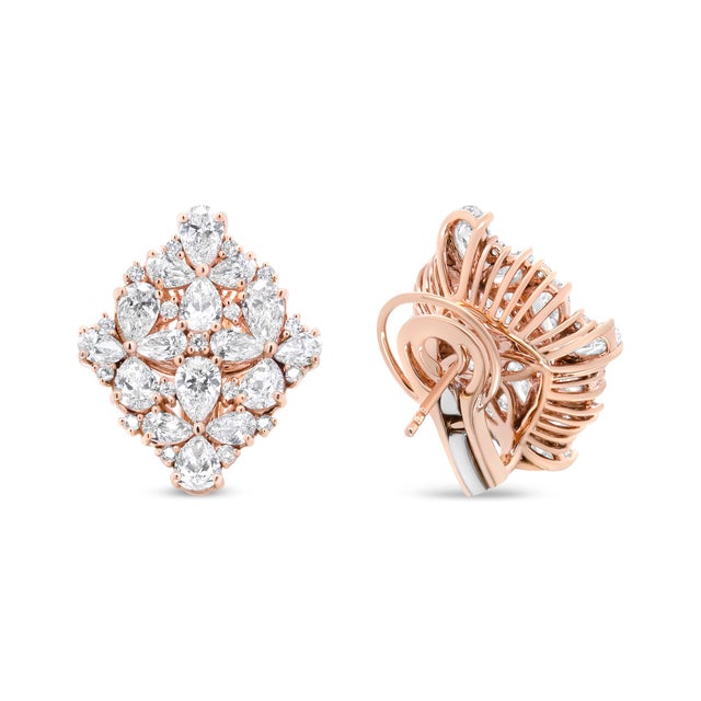 Early 21st Century 18K Rose Gold 8 1/3 Cttw Pear and Round Diamond Floral Cluster Omega Earrings (F-G Color, VS1-VS2 Clarity) For Sale - Image 5 of 7