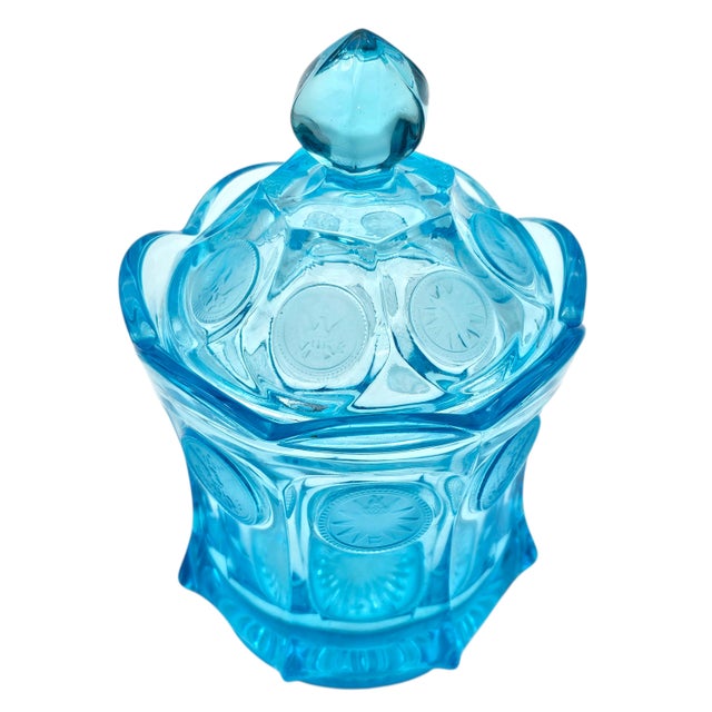 Fostoria Aqua Ice Blue Coin Glass Covered Candy Jar With Finial Lid For Sale In San Francisco - Image 6 of 13