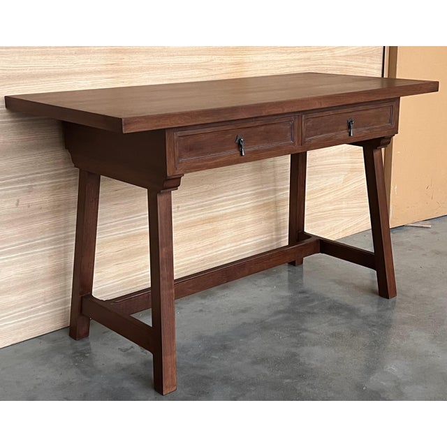 Baroque Early 20th Spanisht Walnut Country Farm Desk with Two Drawers For Sale - Image 3 of 18