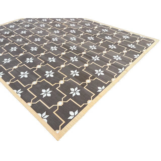 Not Yet Made - Made To Order Handmade Cotton Area Rug, Natural Vegetable Dyed, Brown and Cream Flower Pattern Dhurrie - 10'x14' For Sale - Image 6 of 11