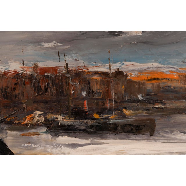 Ezelino Briante, Harbor with Moored Boats at Sunset, Oil on Panel For Sale - Image 4 of 15