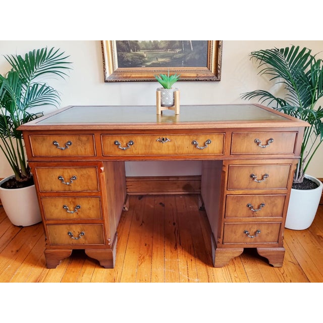 Antique Twin Pedestal Desk in Yew Wood with Leather Top, 1980s For Sale - Image 3 of 18