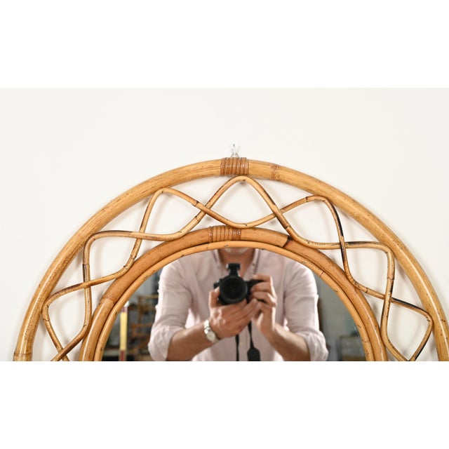 Mid-Century Italian Round Mirror in Curved Bamboo, Rattan and Wicker Frame, 1960s For Sale - Image 9 of 10