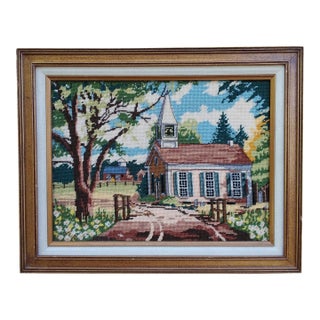 1970s Framed Needlepoint Country Scene Church With Steeple For Sale