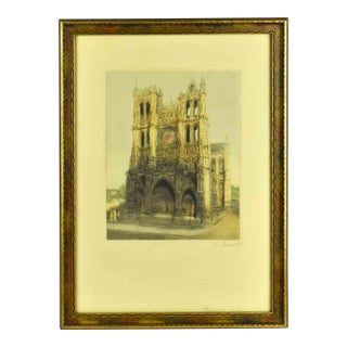 Late 19th Century Historical Architectural Notre-Dame D’Amiens Hand-Colored Etching by Becourt - Signed For Sale