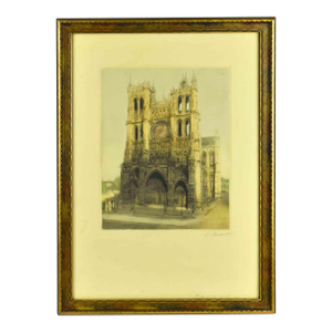 Late 19th Century Historical Architectural Notre-Dame D’Amiens Hand-Colored Etching by Becourt - Signed