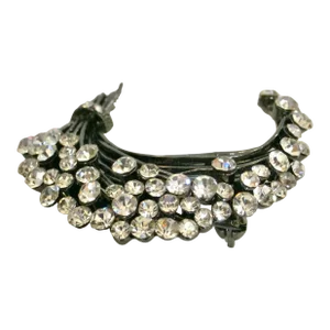 1980s Vintage Hematite Crescent Brillant Clear Crystal Brooch