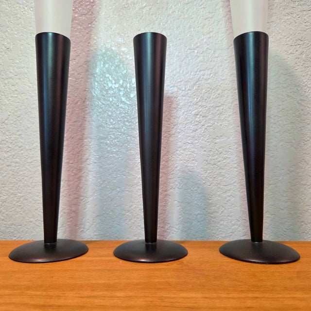 Late 20th Century Set of 3 Northern Lights Malibu Tealight Holders, Matte Black Metal & Frosted Glass Modern Candle Stands For Sale - Image 5 of 11