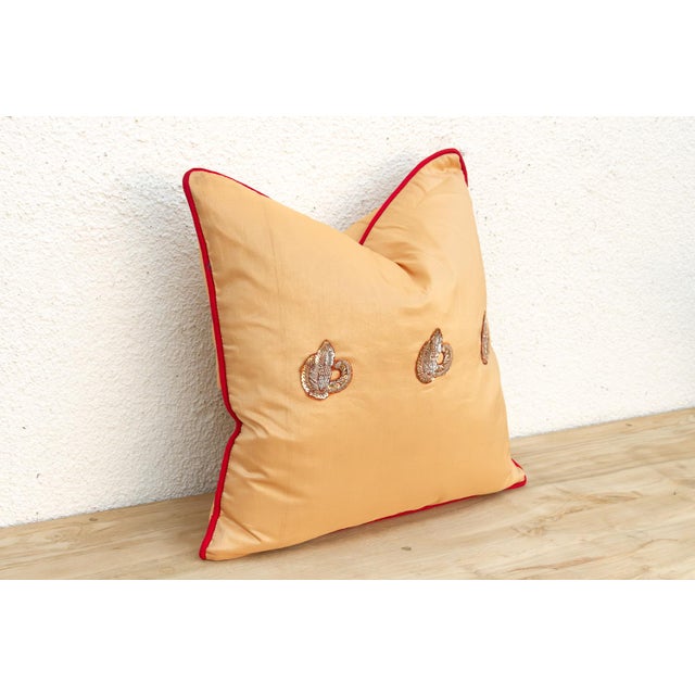 Indian Naz Silk Blend Gold Zardozi Silk Pillow, Peacock Motif For Sale - Image 3 of 7
