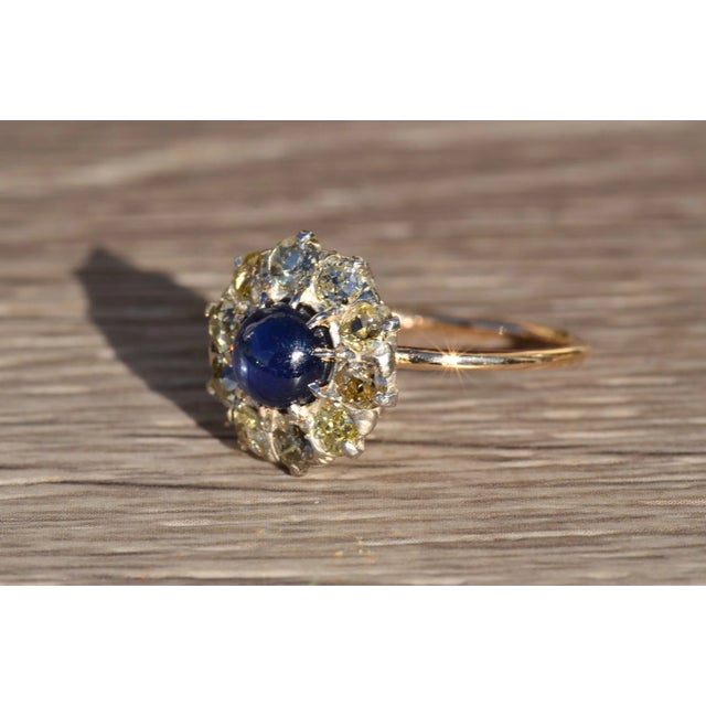 The Tana: Antique Mixed Metal Sapphire Cabochon and Old Mine Cut Diamond Halo Ring For Sale - Image 4 of 9