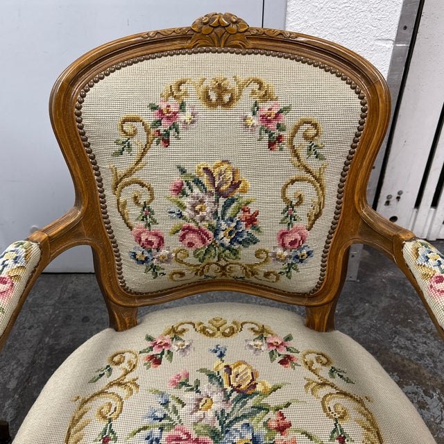 Antique Louis XV Style Needlepoint Arm Chairs, Pair For Sale - Image 4 of 12