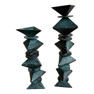 Monumental Signed Modernist/Brutalist Sculptural Candlesticks in Verdigris Patinated Bronze, 1970s, a Pair For Sale