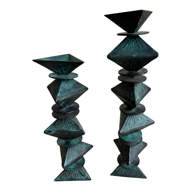 Monumental Signed Modernist/Brutalist Sculptural Candlesticks in Verdigris Patinated Bronze, 1970s, a Pair For Sale