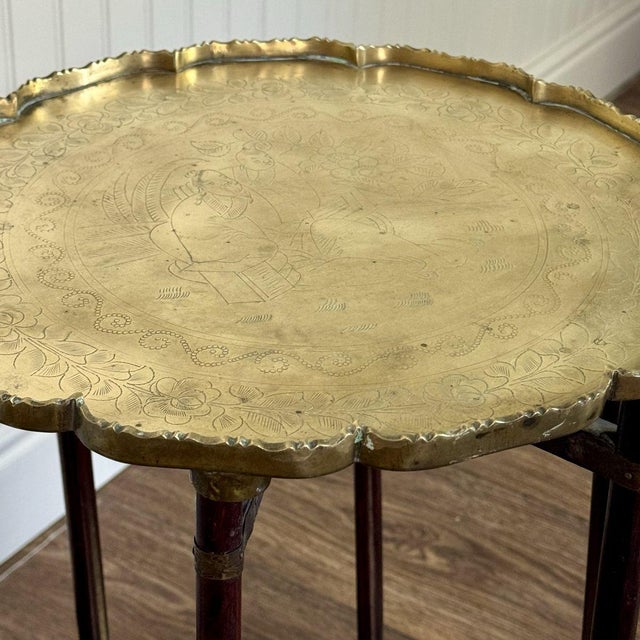Wood Mid-Century Chinese Engraved Brass Tray Table For Sale - Image 7 of 9